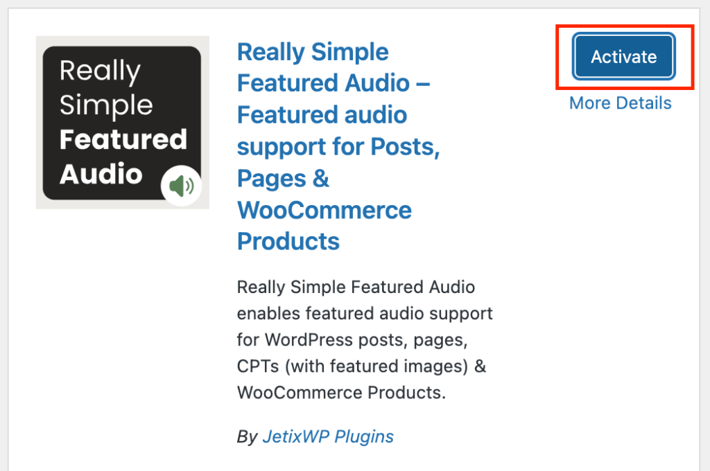 WordPress dashboard activate really simple featured audio